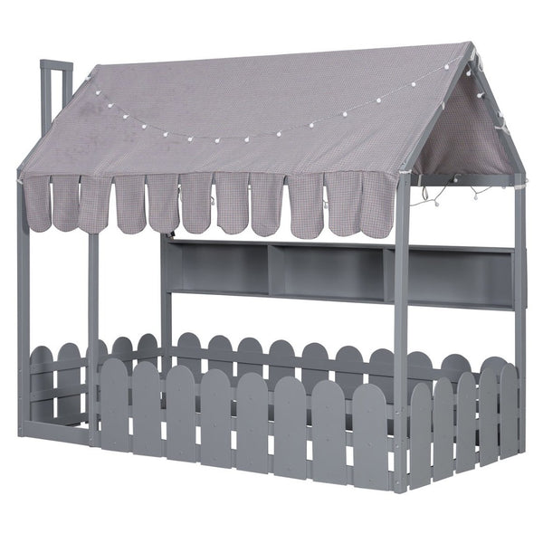 English Elm {slats Are Not Included} Twin Montessori House Floor Bed Kids Tent Lights Shelves Pinewood Frame Gray N708P407962E