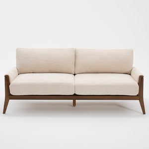 English Elm Mid-century Modern Boucle Upholstered Three Seat Sofa with Walnut Finish Wood Legs Beige N773P411407S