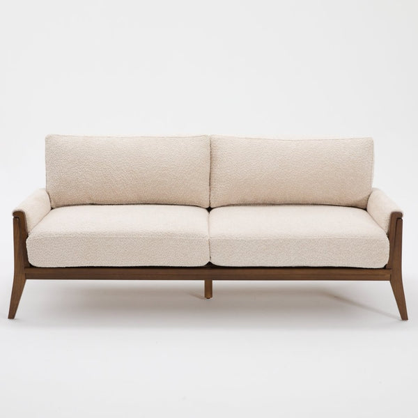 English Elm Mid-century Modern Boucle Upholstered Three Seat Sofa with Walnut Finish Wood Legs Beige N773P411407S