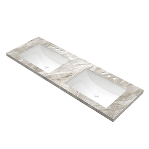 English Elm 60'' Double Undermount Ceramic Sink Sintered Stone Countertop Spa Bathroom Gray Veined W2615P357565