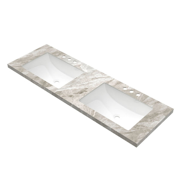 English Elm 60'' Double Undermount Ceramic Sink Sintered Stone Countertop Spa Bathroom Gray Veined W2615P357565
