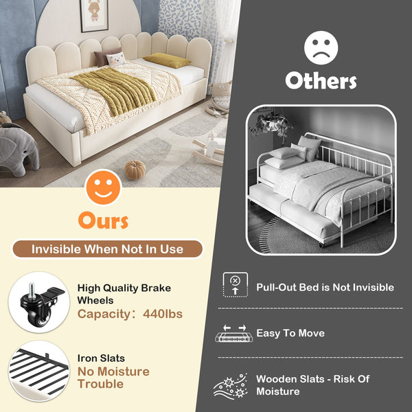 English Elm Upholstered Twin Daybed with Pull-Out Trundle, Velvet Upholstery, Metal Slatted Frame, 300lb Capacity Beige AA20362122B