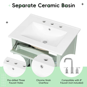 English Elm 24-Inch Bathroom Vanity with Sink, Solid Wood & MDF, Ceramic Top, Gold Handles, Flip Drawer Design Green N725P350824F
