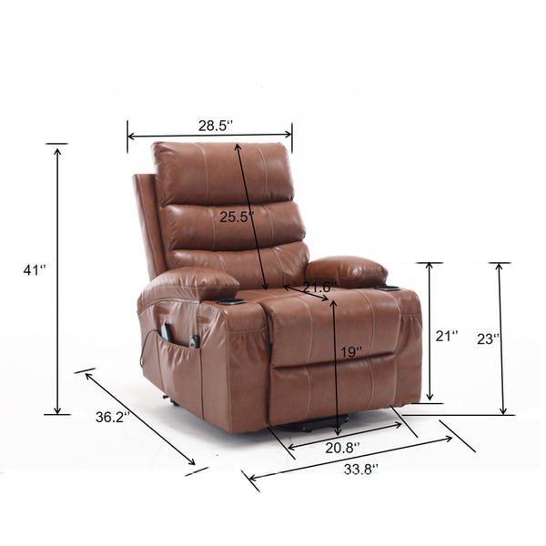English Elm 21"seat Large Electric Power Lift Recliner Chair with 8-Point Vibration Massage, Lumbar Heat, Remote Control and Cup Holders for Easy Standing Comfort and Pocket Storage Brown W311P316089