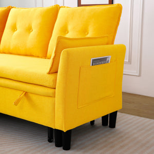 English Elm L-Shaped Reversible Chaise Sectional Sofa with Storage and Fold-Out Bed Cotton-Linen Modern Design Yellow W3371S00027