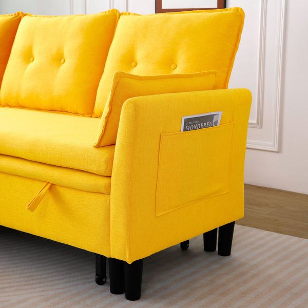 English Elm L-Shaped Reversible Chaise Sectional Sofa with Storage and Fold-Out Bed Cotton-Linen Modern Design Yellow W3371S00027