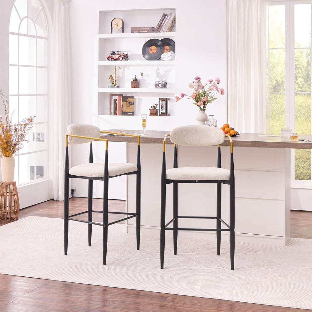 English Elm Modern Glam Counter Stools Set of 2 Beige Fabric Gold Arm Black Metal Frame W5501P462385