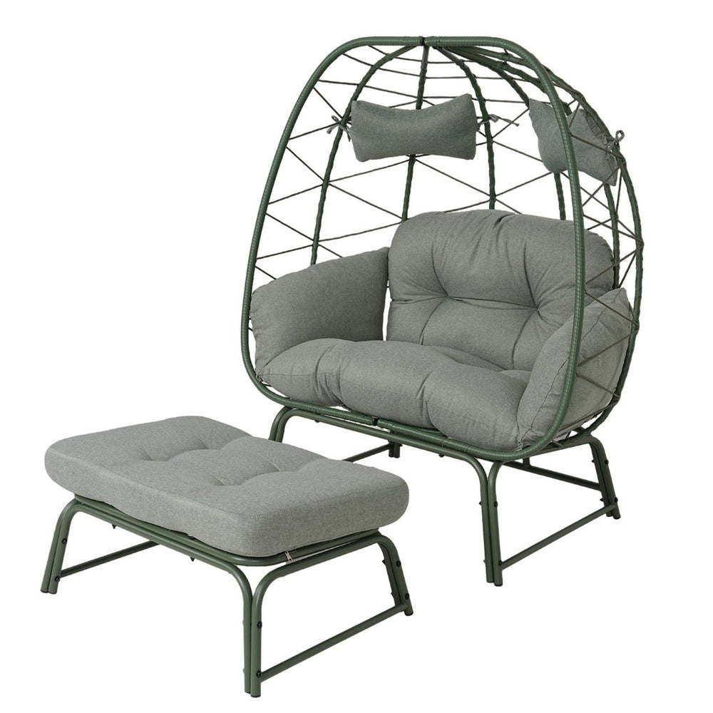 English Elm Double Egg Chair Wicker Outdoor Lounge Set with Ottoman and Weather Resistant Cushions T5880P501484