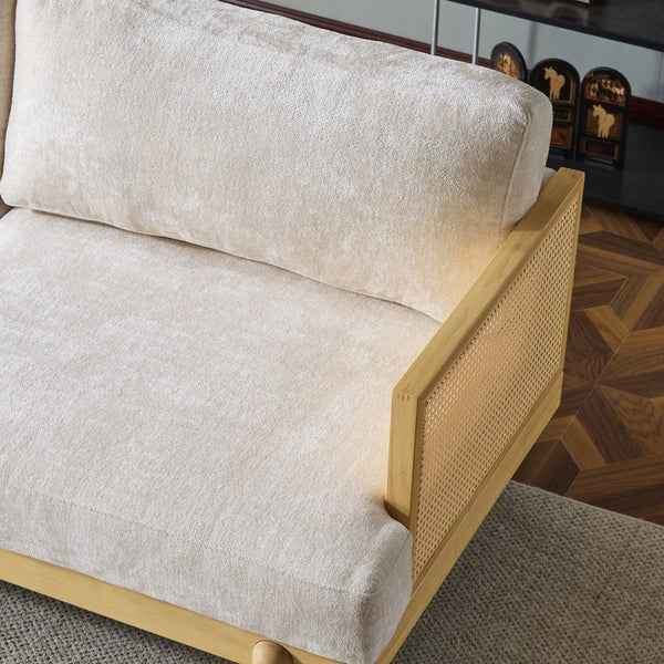 English Elm Christopher Knight Home® - EMIR Bouclé 72" Square Arm 3-Seater Sofa with Cane Rattan Panels, Solid Wood Frame, Cozy Comfort Natural+Beige N773P285909N