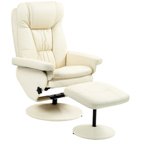 English Elm HOMCOM Plush PU Leather Swivel Recliner with Ottoman, 360° Rotating Relaxing Chair with Footrest and Adjustable Backrest for Living Room Office Comfort Cream White W2225P217429
