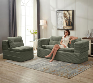 English Elm Multi Purpose Corduroy Sectional with Chaise Converts to King Floor Bed Deep Seat Green W3219S00009