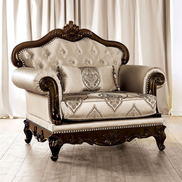 English Elm Traditional Carved Tufted Accent Chair with Rolled Arms, Nailhead Trim and Elegant Upholstery Beige,Cherry 49 L x 36 W x 22 H B2741P380258