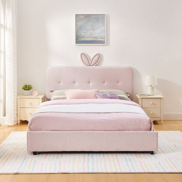 English Elm Queen Boucle Upholstered Kids Bed with Rabbit Ear Headboard Led Lighting Storage Drawers Pink W1413P384926