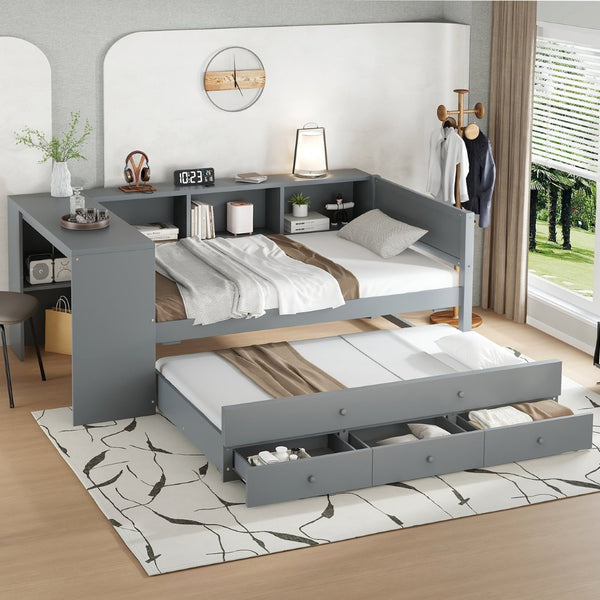 English Elm Twin Size Daybed With Trundle And Desk, Stylish Wood Frame With Storage Drawers And Shelves, Gray W1580S00204-GIGA