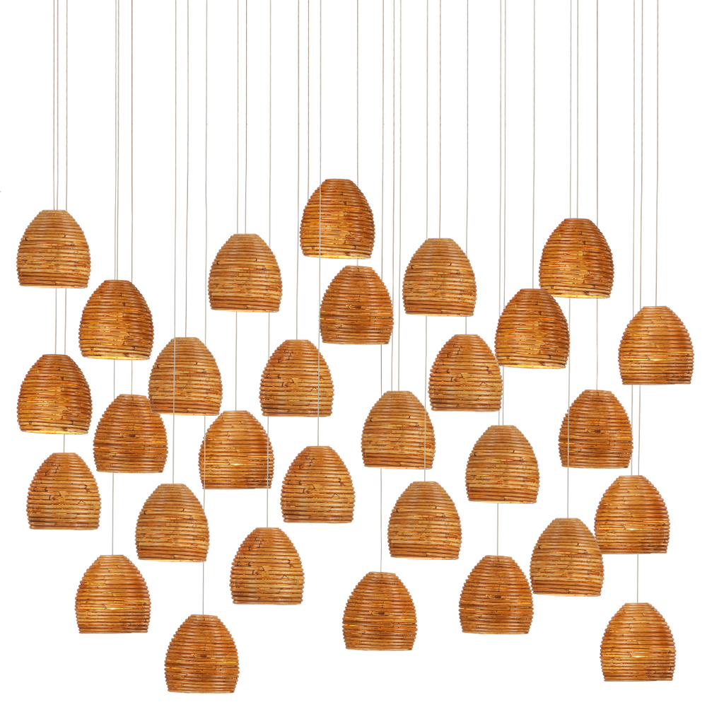 Beehive Rectangular Multi-Drop Pendant Light with Natural Rattan Shades and Silver Canopy Finish