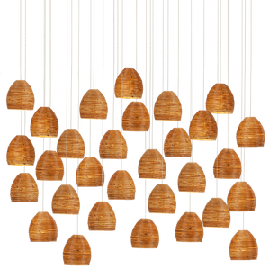 Beehive Rectangular Multi-Drop Pendant Light with Natural Rattan Shades and Silver Canopy Finish