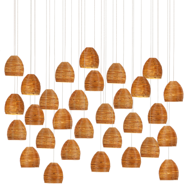 Beehive Rectangular Multi-Drop Pendant Light with Natural Rattan Shades and Silver Canopy Finish