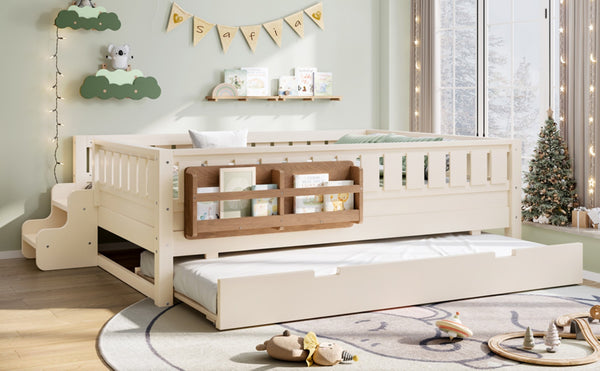 English Elm Twin Kids Platform Bed with Trundle Staircase Bookshelf and Rounded Safety Rails Beige W1580S00559