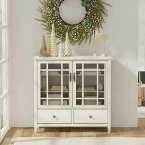 English Elm Connaught Solid Wood Tall Cabinet Antique White Glass Doors British Colonial Storage B136P436053
