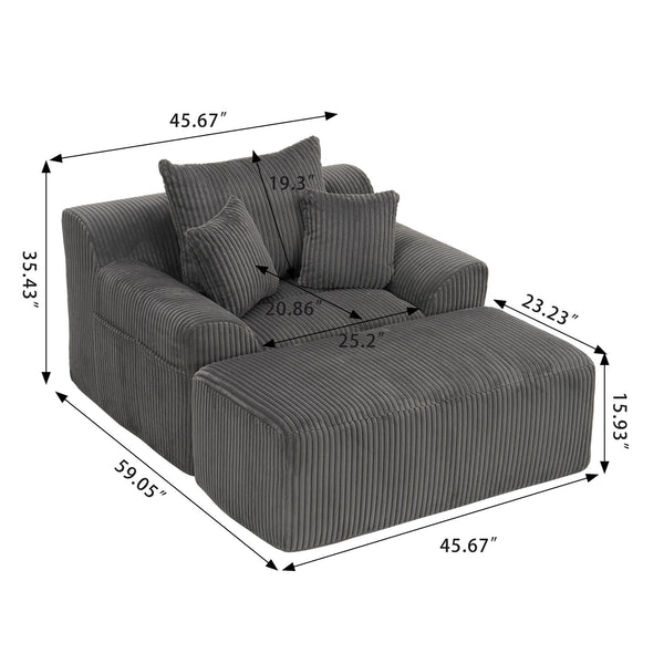 English Elm Oversized corduroy chaise lounge with ottoman, plush boneless sofa, ergonomic pillows for relaxing comfort Grey W1901P278403