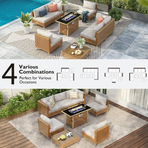 English Elm K&K 8-Piece Patio Conversation Set with 43" 60,000 BTU Propane Fire Pit, UV Wicker & Thick Cushions Beige,Orange N707S000012Z