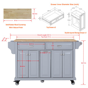 English Elm Kitchen Island Rubber Wood Countertop Mobile Cart with Towel & Spice Racks, Drawers, Storage Wheels Grey W914P147989