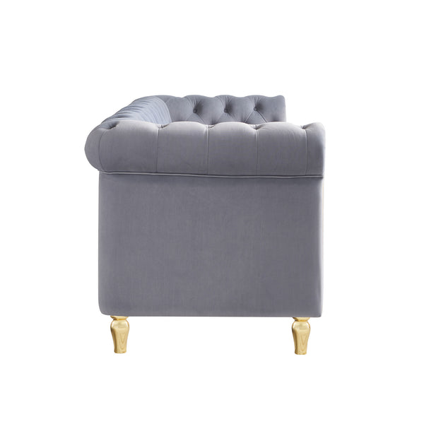 English Elm Chesterfield 84.65" Rolled Arm Velvet Sofa Light Grey with Gold Trim, Deep Tufting & Plush Seats W579P326878