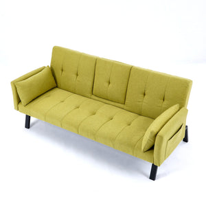 English Elm 70-inch Foldable Cotton Linen Sofa Bed with Cup Holder & Side Storage, Space-Saving 2-Seater Design Green W3371P337200
