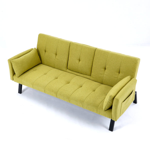 English Elm 70-inch Foldable Cotton Linen Sofa Bed with Cup Holder & Side Storage, Space-Saving 2-Seater Design Green W3371P337200
