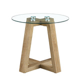 English Elm Modern and Practical Round Table. Made Of Clear Tempered Glass Top and Wood-Coloured Mdf Material. Suitable For Living Rooms and Bedrooms.