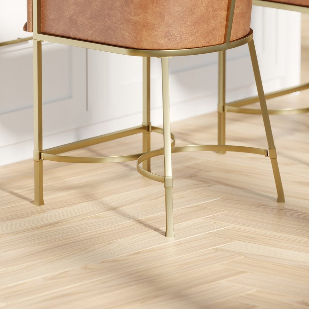 English Elm 26" Glam Counter Stool White Faux Leather Barrel Back Gold Steel Frame Kitchen Brown Pu B2751P436478