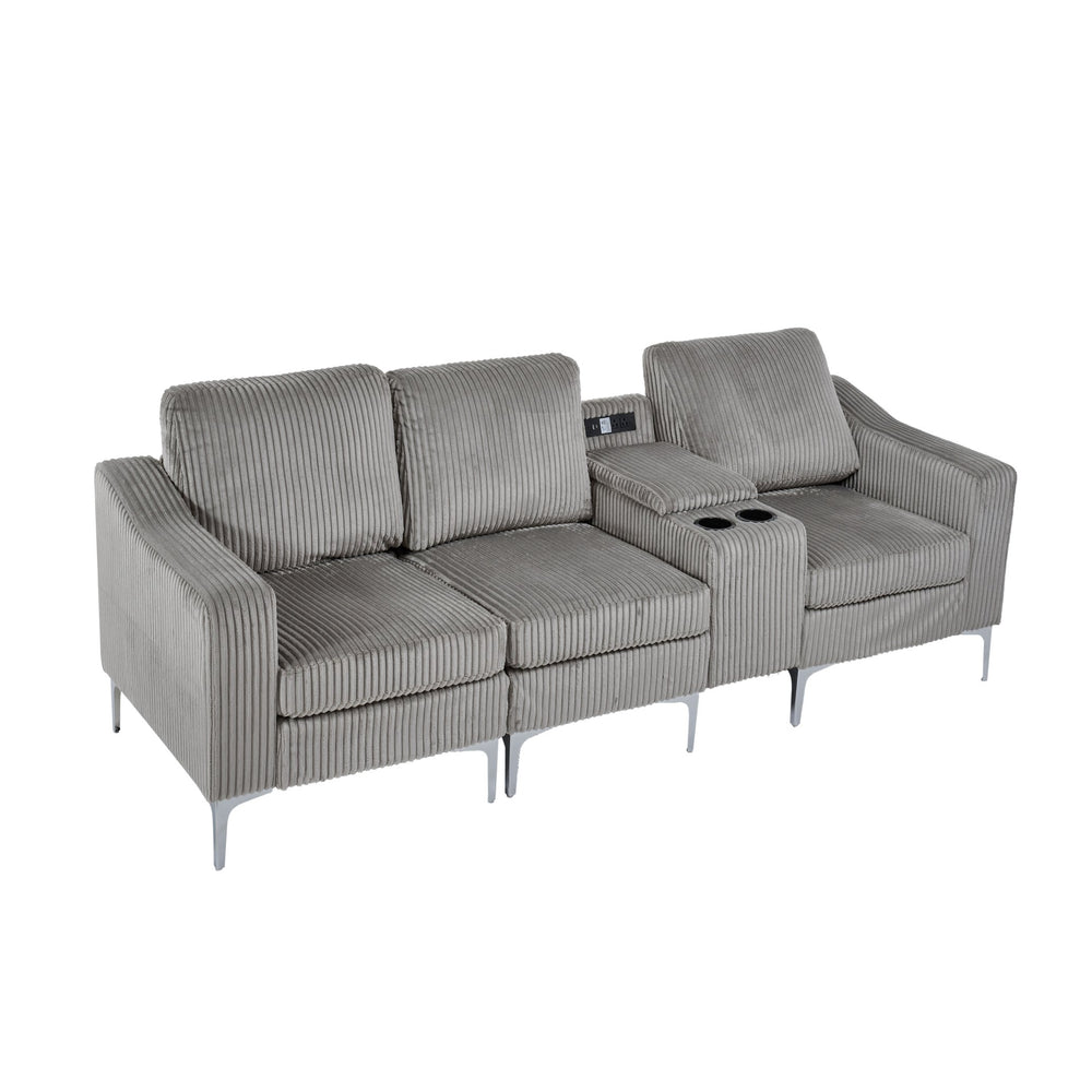 English Elm Convertible Corduroy Sectional Sofa With Usb & Cupholders – Modern 3-Seater In Gray For Comfort W3098S00029