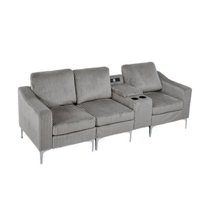 English Elm Convertible Corduroy Sectional Sofa With Usb & Cupholders – Modern 3-Seater In Gray For Comfort W3098S00029
