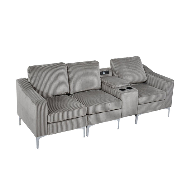 English Elm Convertible Corduroy Sectional Sofa With Usb & Cupholders – Modern 3-Seater In Gray For Comfort W3098S00029