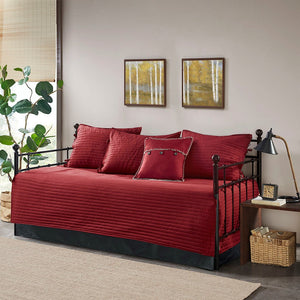 English Elm 6 Reversible Plaid Daybed Cover Set Red & Black Herringbone Quilt Twin Cabin Style Bedding Set B03597555