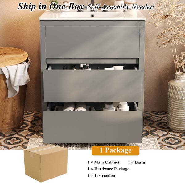 English Elm Christopher Knight Home® - 30" Bathroom Vanity with Ceramic Sink, 2 Soft-Close Full-Extension Drawers, Handle-Free 45° Design, Durable MDF Gray N817P280549G