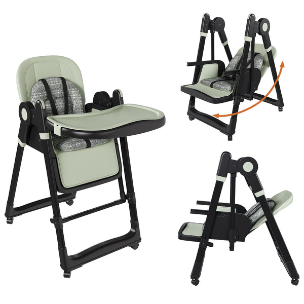 English Elm Convertible Baby High Chair to Rocker with 5-Point Harness, Foldable Feeding Seat, Quiet Wheels, Easy-Clean Tray and Adjustable Recline for Infants and Toddlers Dark Green W2699P371975