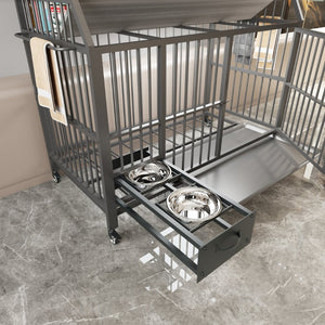 English Elm Large Pet Cage with Iron Frame Mdf Panels Storage Rack and Steel Feeding Basins Black,Gray+Charcoal W3064P245387