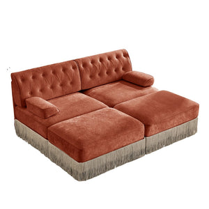English Elm With Tufted Velvet Sectional Sofa Two Ottomans Tassel Skirt French Chesterfield Living Room Red+Brown W714S01746