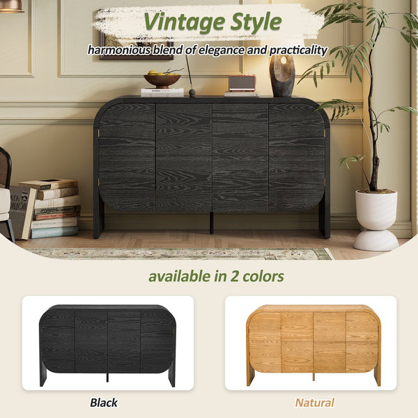 English Elm TREXM Retro Buffet Cabinet with 4 Doors, Curvy Edge Sideboard, Adjustable Shelves, Black/Natural Finish N715P228110B
