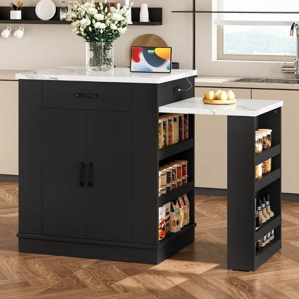 English Elm Extendable Kitchen Island Console with Open Shelving Drawers and Cabinet in Matte Black W1580S00274