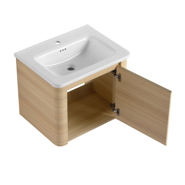 English Elm 60'' Wall-Mounted Bathroom Vanity With Elegant White Sink, Soft-Close Doors & Ample Storage Shelves W999S00483