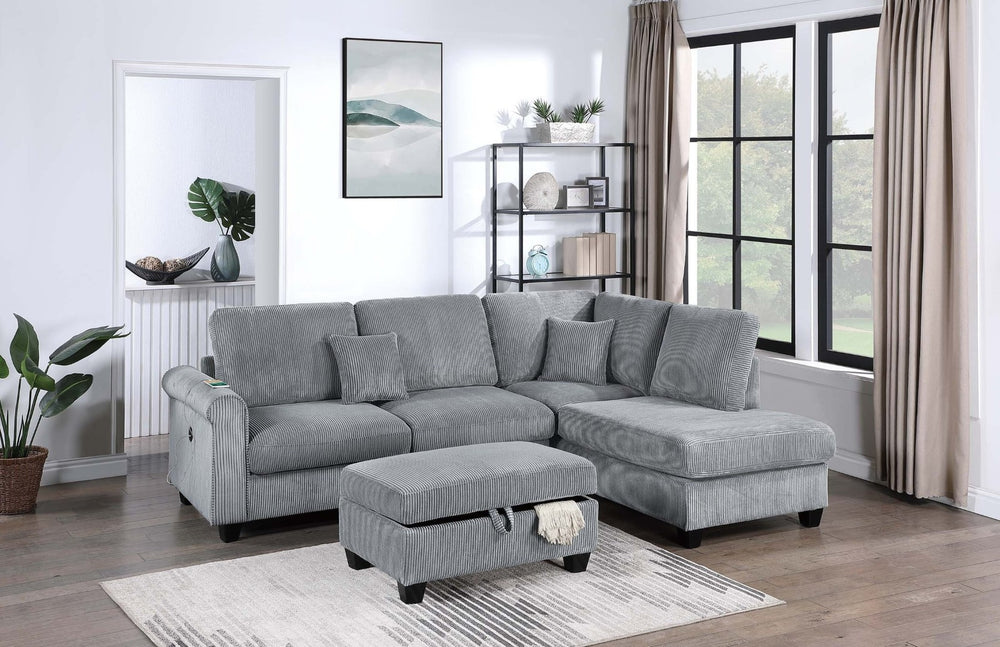 English Elm Contemporary Corduroy Sectional with Usb Charging Chaise and Lidded Storage Ottoman B011S02228
