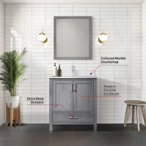 English Elm Distressed Grey 30 in Vanity with Cultured Marble Top, Chrome Faucet & 28x32 Mirror, Scratch-Resistant SurfaceDistressed Grey 30 in Vanity with Cultured Marble Top, Chrome Faucet & 28x32 Mirror, Scratch-Resistant Surface B2731S01326