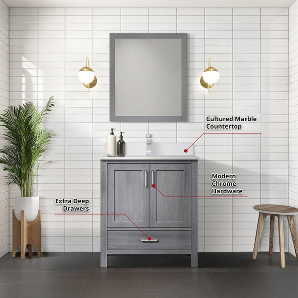 English Elm Distressed Grey 30 in Vanity with Cultured Marble Top, Chrome Faucet & 28x32 Mirror, Scratch-Resistant SurfaceDistressed Grey 30 in Vanity with Cultured Marble Top, Chrome Faucet & 28x32 Mirror, Scratch-Resistant Surface B2731S01326