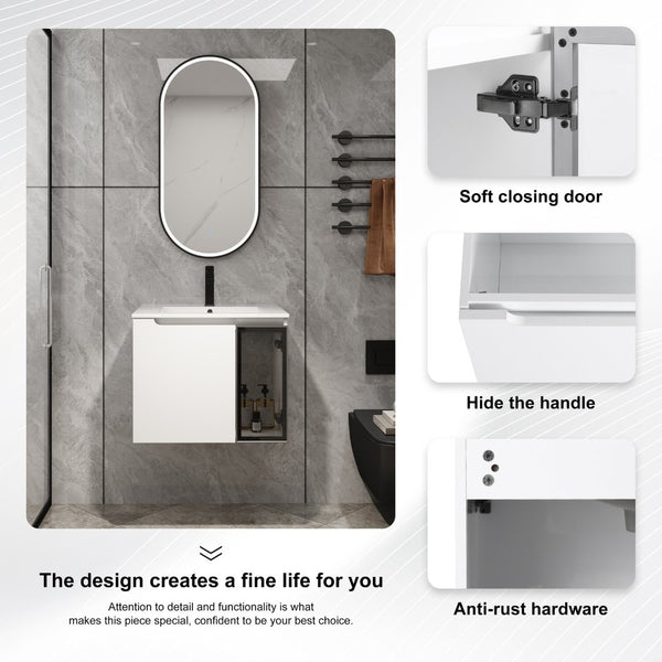 English Elm 24" Floating Bathroom Vanity Glossy White Plywood Cabinet Ceramic Sink Soft Close W999S00523