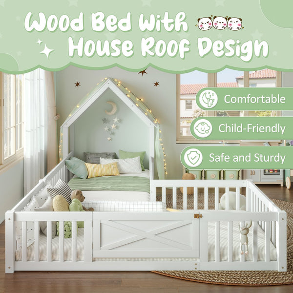 English Elm Twin House Floor Bed with Door & Full-Length Guardrails, Solid Wood Twin Loft Alternative for Kids White W1580P327128
