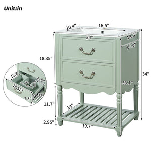 English Elm 24'' Vintage Bathroom Vanity with Ceramic Sink Soft Close Drawers Open Shelf Green N710P411237F