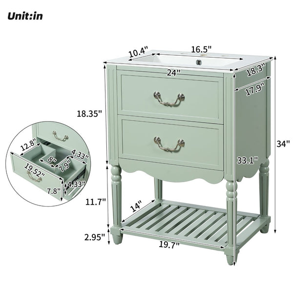 English Elm 24'' Vintage Bathroom Vanity with Ceramic Sink Soft Close Drawers Open Shelf Green N710P411237F
