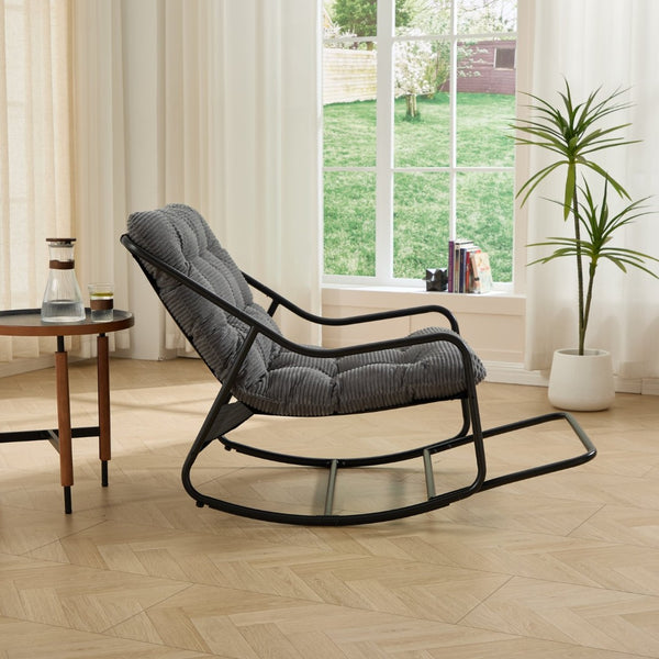 English Elm Outdoor Steel Rocking Chair with Corduroy Cushion for Porch Bedroom or Reading Nook W640P443542